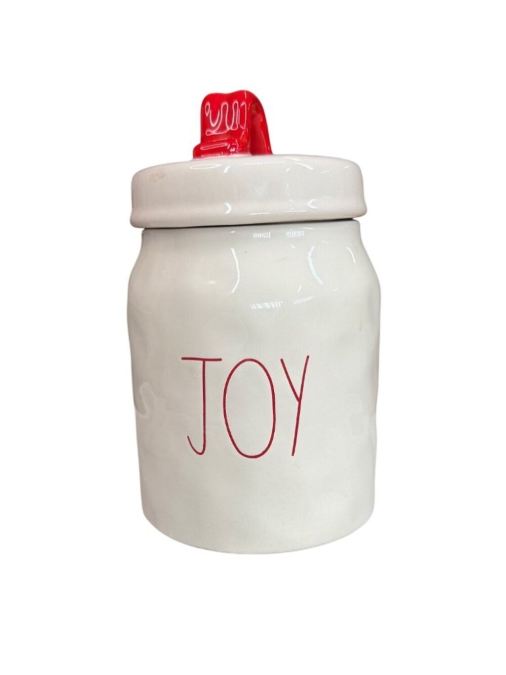 Rae Dunn JOY Christmas Canister Red Handle Lid White Ceramic Farmhouse